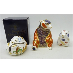  Three Royal Crown Derby paperweights, 'sleeping doormouse', 'field mouse' and 'honey bear', all with gold stoppers  