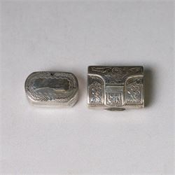 Two George III silver vinaigrettes, the first of rectangular form, the hinged cover modell...