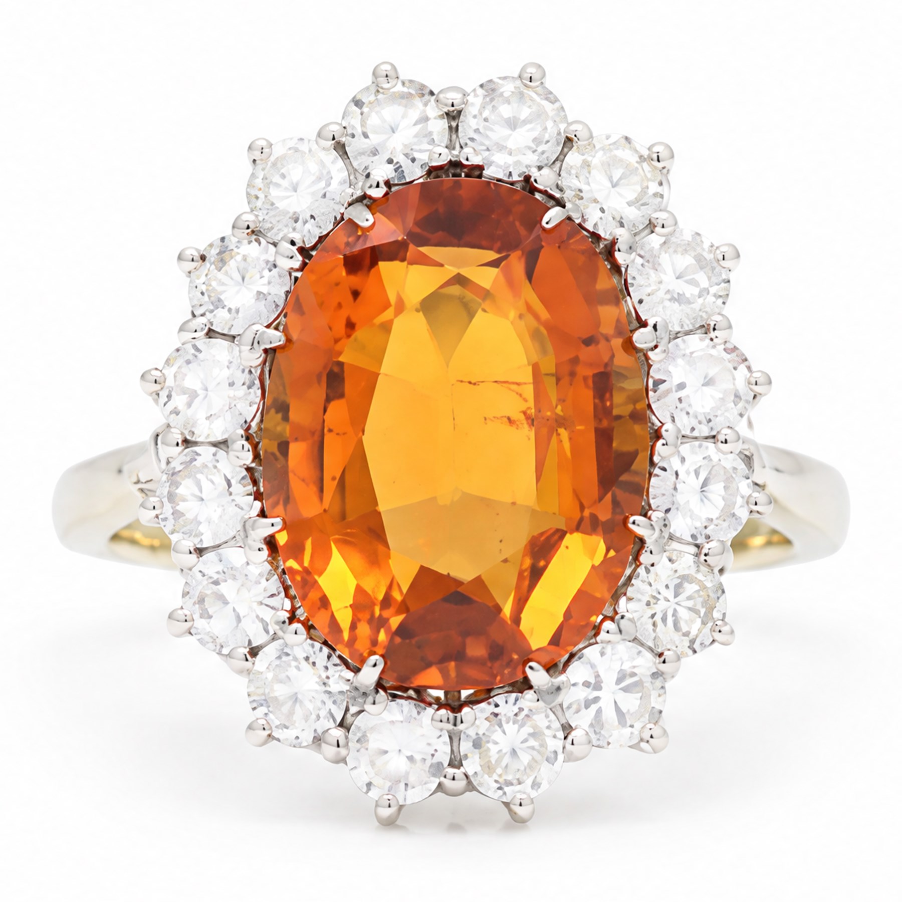 18ct white gold citrine and diamond cluster ring, single oval cut citrine of approx 4.30 carat, surrounded by sixteen round cut diamonds, total diamond weight approx 0.95 carat