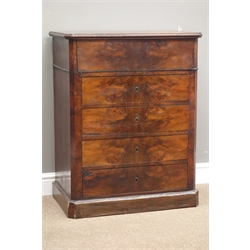  19th century French figured walnut washstand, hinged top enclosing carrara marble interior, above four drawers, plinth base, W70cm, H89cm, D42cm  