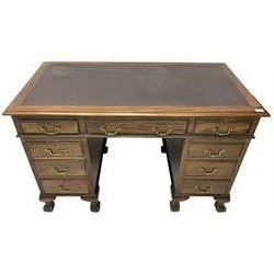 Early 20th century mahogany twin pedestal desk, fitted with nine drawers, on ball and claw carved cabriole feet