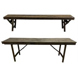 20th century pine folding table, rectangular top on square supports joined by stretchers (244cm x 68cm, H76cm); together with a similar folding bench (181cm x 25cm, H43cm) 