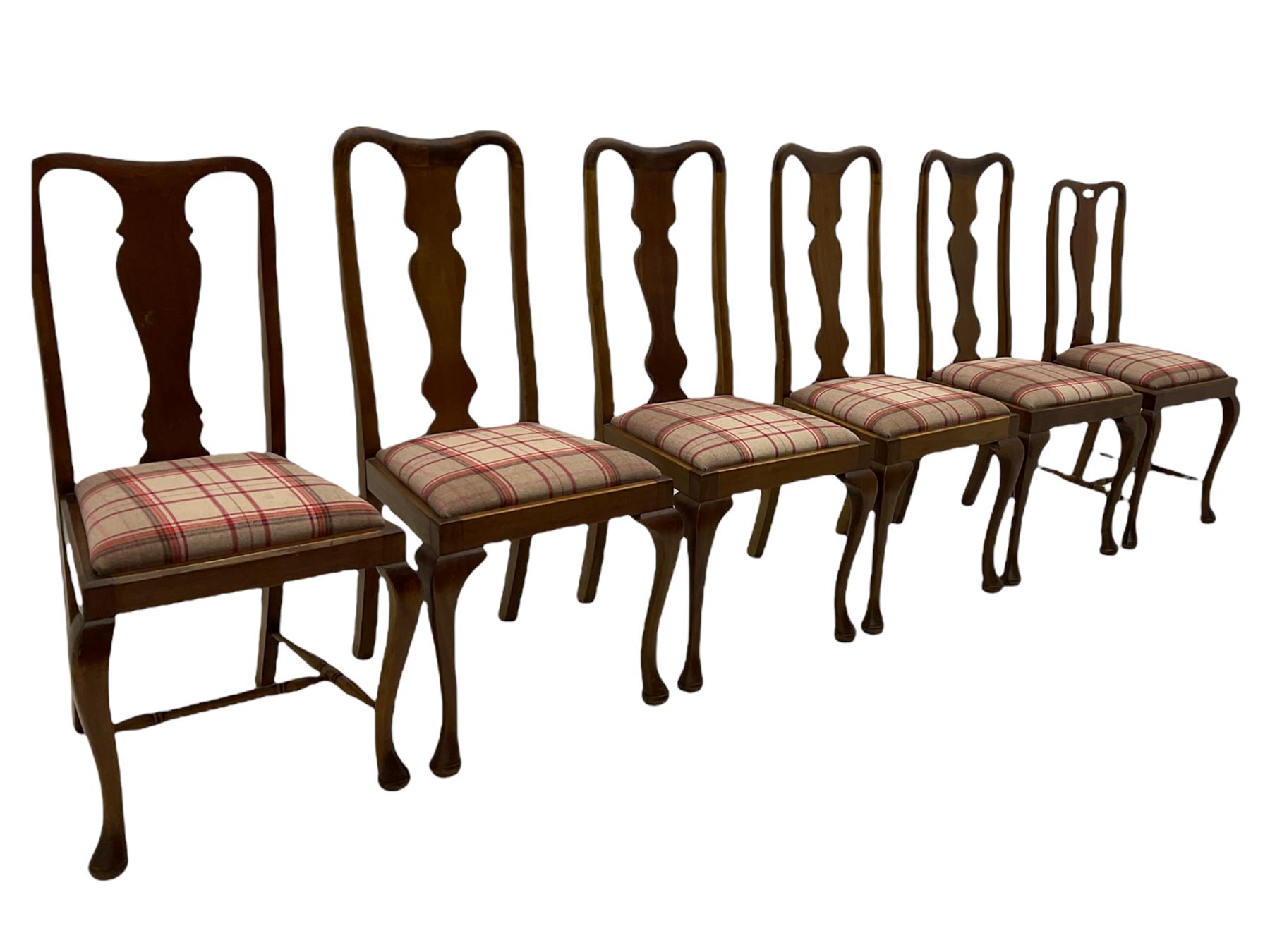 Mixed set of twelve early 20th century mahogany Queen Anne style dining chairs, all with shaped vase backs and cabriole front supports, matching drop-in seats upholstered in tartan patterned fabric