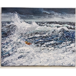  Lifeboat in Stormy Weather, contemporary oil on canvas signed by Barry Clasper unframed 40 x 51cm  Donated to Filey Lifeboat by the artist  