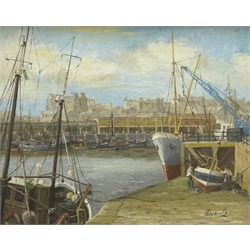  Don Micklethwaite (British 1936-): 'The Boat Painters' - Scarborough Harbour, oil on board signed, titled on exhibition label verso 36cm x 46cm   DDS - Artist's resale rights may apply to this lot    