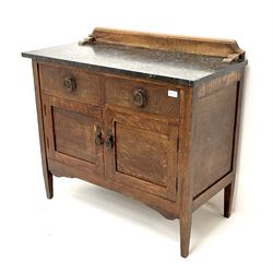 Edwardian oak washstand with marble top, top drawers above two cupboards, square tapering supports 