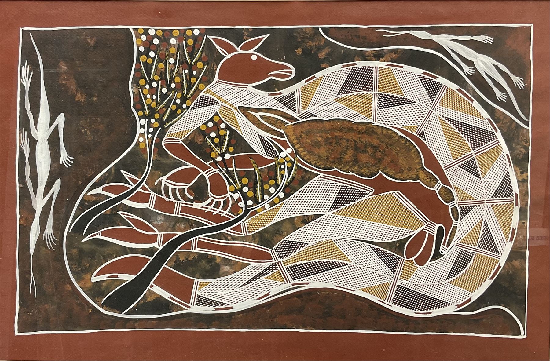 Abraham Dakgalawuy (Arnhem Land Australia 1975-): Aboriginal Abstract Kangaroo, gouache, with polaroid of the artist holding the work verso 35cm x 54cm
Notes: Abraham is the son of the eminent Aboriginal artist Lofty Bardayal Nadjamerrek (1926-2009)