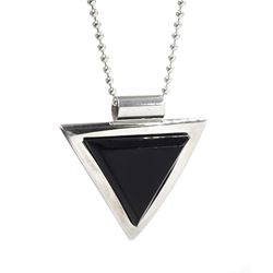 Silver contemporary triangular Whitby jet pendant necklace, two other silver Whitby jet necklaces; one round and one in a paisley shape, and two pairs of Whitby jet earrings; matching paisley shape and the other pair cushion triangle shaped, all stamped 925