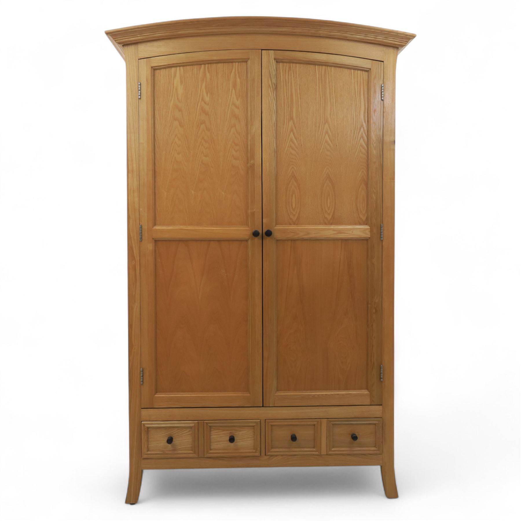Contemporary oak double wardrobe, with fitted hanging rail above two drawers, raised on splayed feet