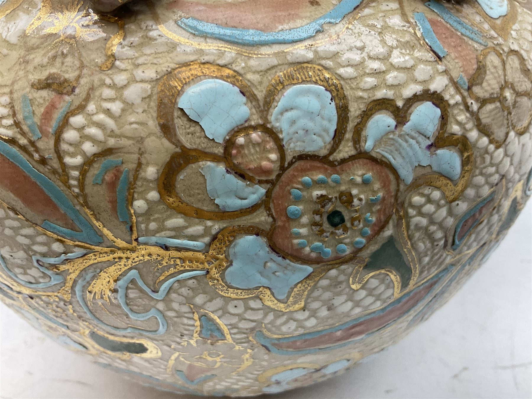 Three jardinières comprising West German Gerz example decorated in relief, Doulton Slaters example with frilled everted rim and a majolica example, and a further two Arthur Wood majolica jugs (5)