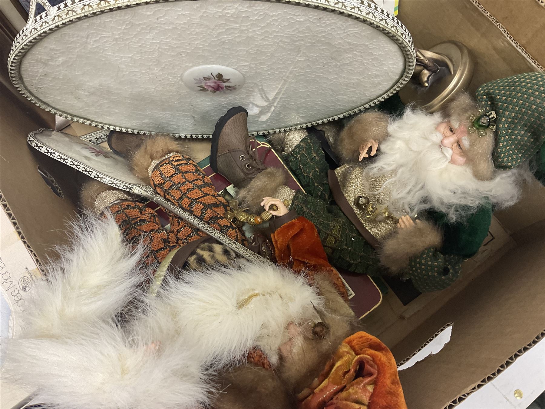 Echt Kobalt tea wares, comprising of tea cup, saucer and dessert plate, together with two Hutschenreuther plates of the month, another similar plate and a Ironstone hatpin holder, 'Gateway to the Moors North Yorkshire' oval oil on board signed by Valerie Barnaby, framed needlework, Leonardo Collection figure group, dressing table set, lamps etc in two boxes