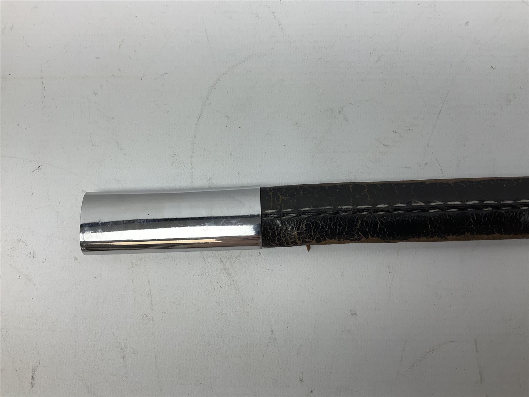 Replica knight's longsword, the 91.5cm double-edged steel blade with basket hilt and wire-bound bone grip with spherical pommel, in leather scabbard L112cm overall