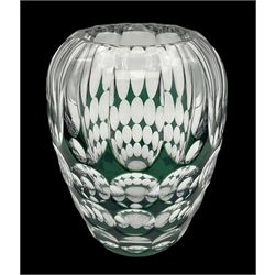 Val St Lambert style glass vase of shouldered ovoid form, cased in deep green over clear and heavily cut with repeat spherical pattern, indistinctly signed beneath ('Jac E. Dalmley'?), H15cm