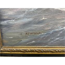 Michael J Whitehand (British 1941-): Naval Battle, oil on canvas signed 75cm x 100cm
