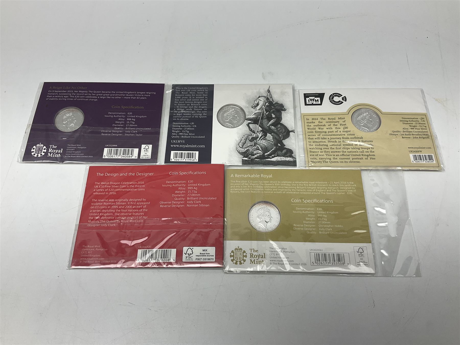 Five The Royal Mint United Kingdom fine silver twenty pound coins, dated 2013 'A Timeless First', 2014 'Outbreak', 2015 'The Longest Reigning Monarch', 2016 'The 90th Birthday of Her Majesty The Queen' and 2016 'Pride of Wales', each housed on card (5)