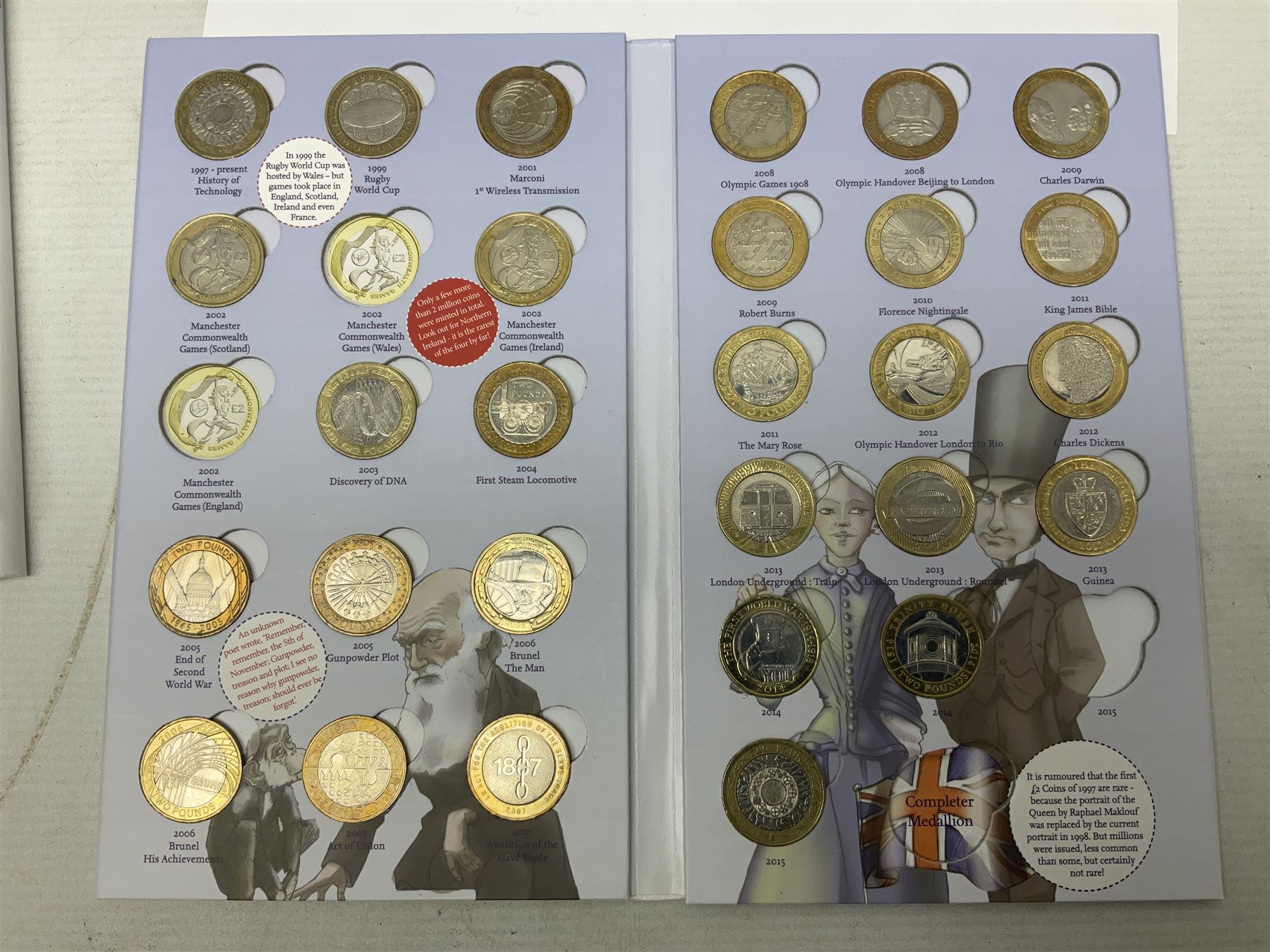 The Royal Mint United Kingdom mostly commemorative two pound, old round one pound and fifty pence coins, overall face value approximately 110 GBP, housed in three 'Coin Hunt' folders and loose