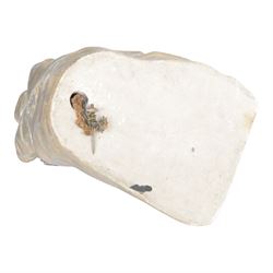 Art Deco style plaster wall mask, depicting a woman in a silver headdress with red lips and nails, H33cm