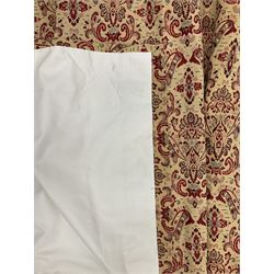 Two pairs of lined curtains with pleated headers, in gold ground fabric decorated with stylised floral design; together with swag pelmets (drop - 272cm, width at header - 110cm)