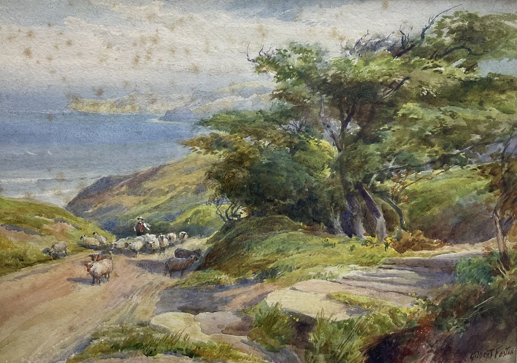 William Gilbert Foster (British 1855-1906): Shepherd and Flock above Runswick Bay, watercolour signed 25.5cm x 36.5cm 