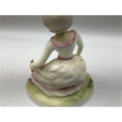 Seven Royal Doulton figures from the Nursery Rhymes Collection comprising, Tom Tom, the piper's son HN3032, Little Jack Horner HN3034, Wee Willie Winkie HN3031, Polly, put the kettle on HN3021, Little Bo-peep HN3030, Little Boy Blue HN3035, Little Miss Muffet HN2727, together with two Royal Doulton Mary had a little lamb figures HN2048 and COPR1948, all with printed marks beneath  