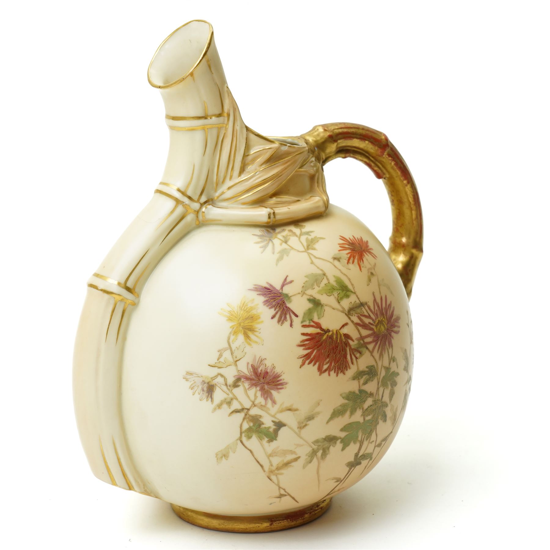 Victorian Royal Worcester ornamental ewer with gilded handle painted with floral sprays on a blush ivory ground H22cm