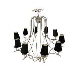 20th century aluminium chandelier centre light fitting, painted in distressed silver, with shades
