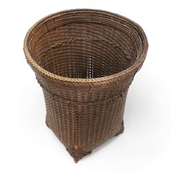 African Colonial carved hardwood staff finial, the male figure in military dress, L66cm, African Fang weaving tool and a woven basket (3)