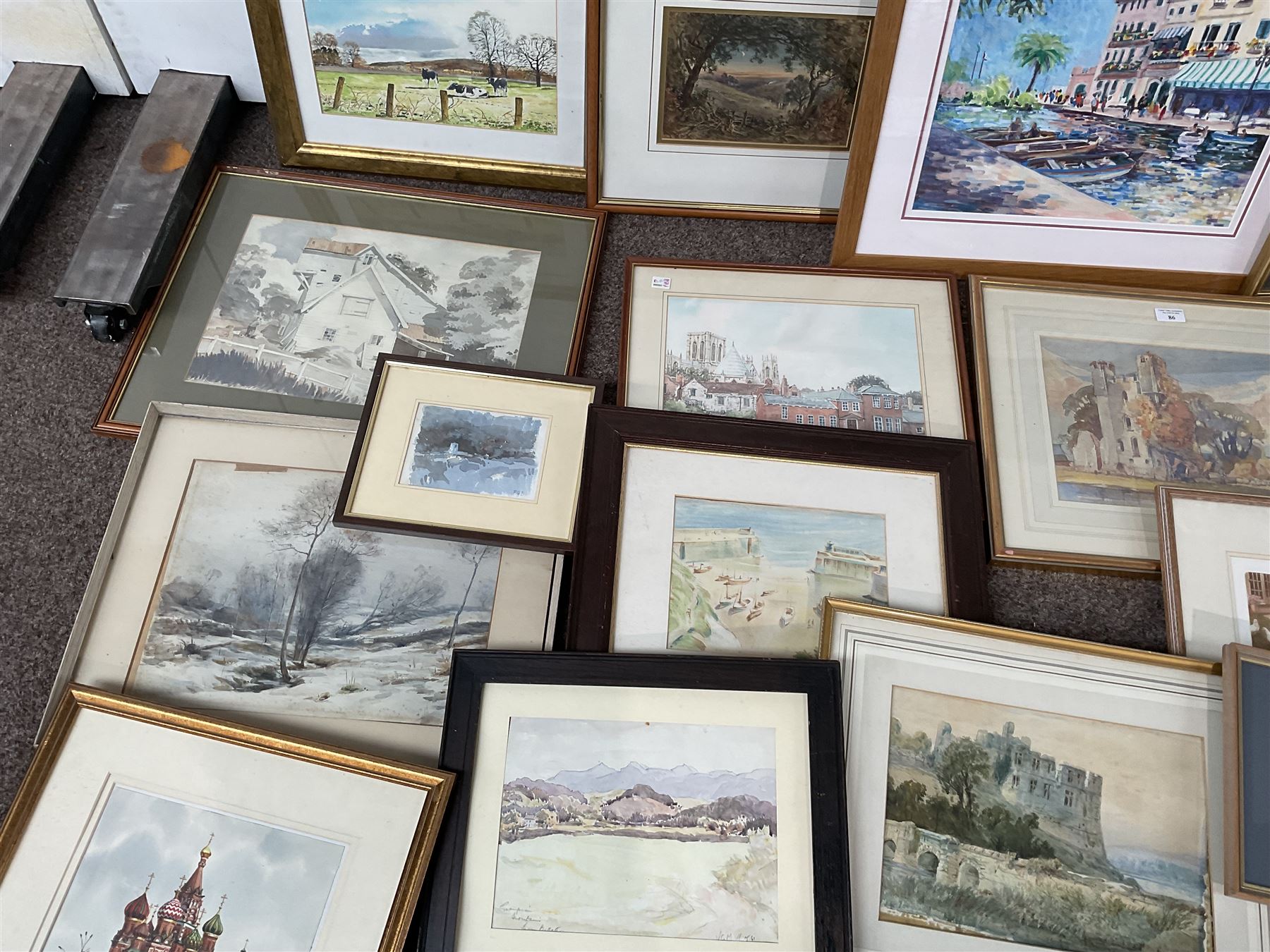 Collection of original watercolours with local interest and an oil to include Richard White, Bobbie Simmons, Marmaduke Miller, D England and Peggy Pountain in one box (approx. 21)