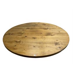 Large rustic waxed pine dining table, circular top on hexagonal pedestal