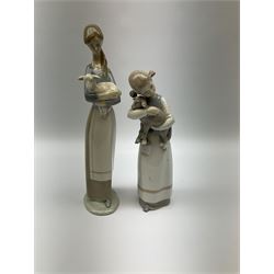 Collection of seven Lladro figures, including Seated ballerina with swan 6204, Childhood Dream 8129, Dancer 5050, reclining clown with ball alongside a selection of other figures. 