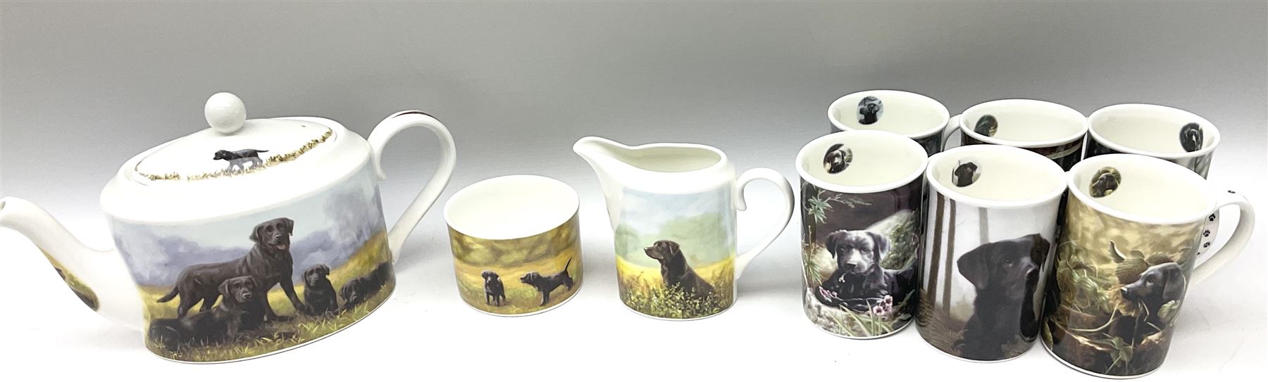 Danbury Mint Black Labradors by John Silver teaset for six, comprising teapot, open sucrier, milk jug, and six mugs, in one box