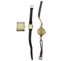 Elco 9ct gold square face manual wind wristwatch, Marvin 9ct gold quartz wristwatch and one other 9ct gold wristwatch, all hallmarked, both on leather straps (3)