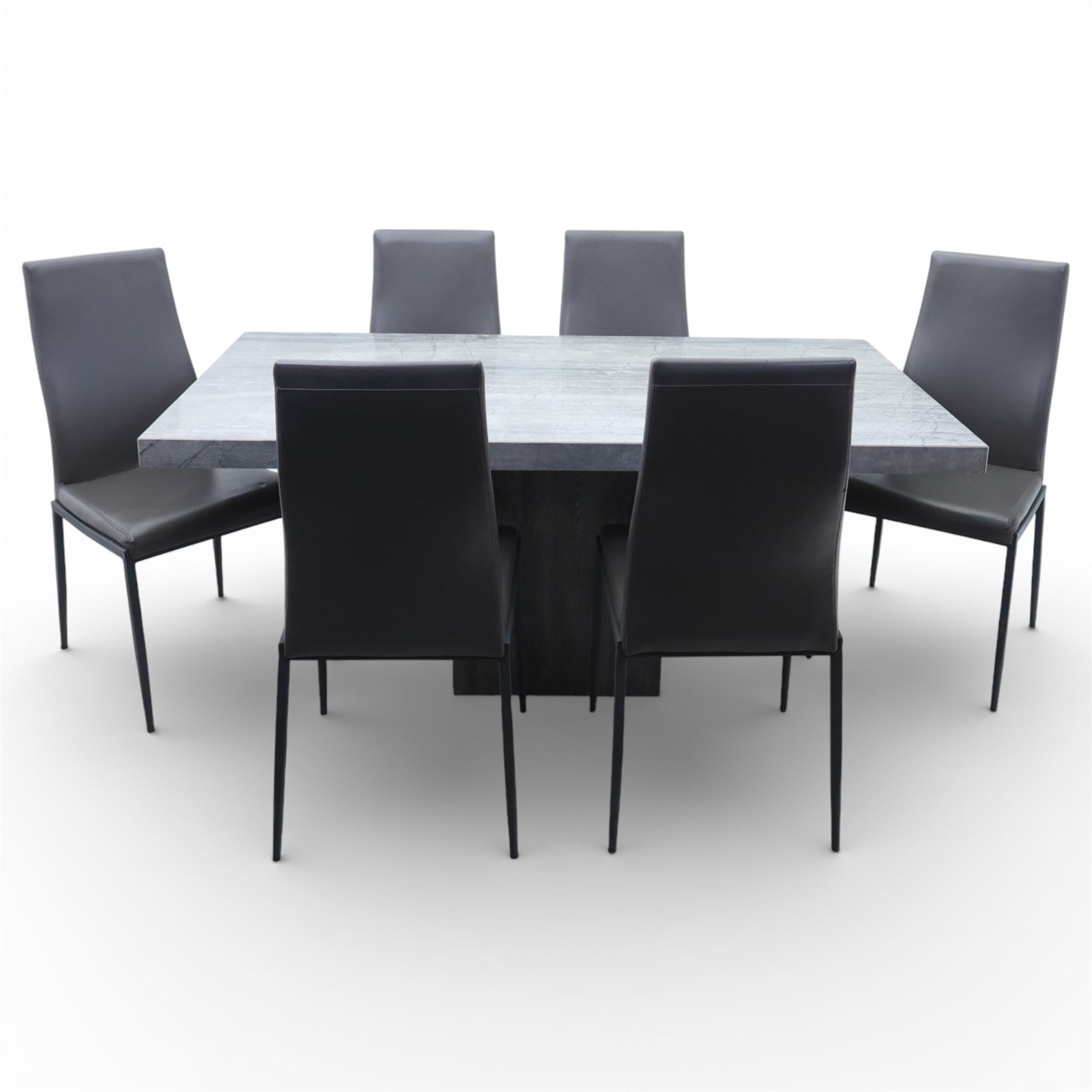 Modern composite marble effect dining table, rectangular top with simulated veining supported on a block pedestal base, accompanied by six matching dining chairs with padded seats and backs in grey upholstery on slim metal legs