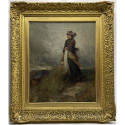 Robert Jobling (Staithes Group 1841-1923): Fisher Girl standing on the Lookout Staithes, oil on canvas signed 60cm x 50cm