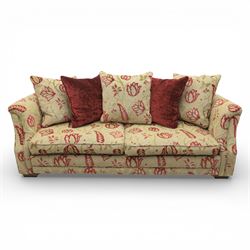 Alstons - traditional design three seat sofa, loose feather cushions, upholstered in red a...