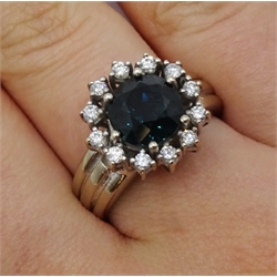  18ct white gold round teal blue synthetic sapphire and diamond cluster ring, hallmarked  