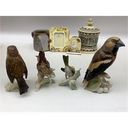Four Goebel figures of birds, to include Robin and Firecrest, Marzi & Remy MR Germany stoneware lidded jar 'Dit is die Schone Historia ...', Wedgwood Atlas clock and picture frame and a studio pottery mug, tallest H16cm
