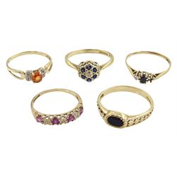 Five 9ct gold stone set rings including black onyx, sapphire and diamond chip and cubic zirconia