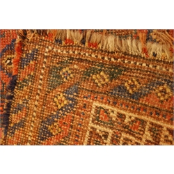  Persian Shiraz red and blue ground rug, triple staggered pole medallion on field of repeating boteh motifs, 202cm x 158cm  