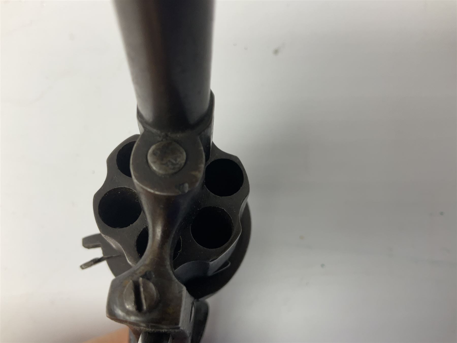 19th century Belgian Flobert 7mm pin-fire revolver with six-shot cylinder, 7cm octagonal to round barrel, folding trigger and walnut stock incorporating ejector rod in butt L18cm overall