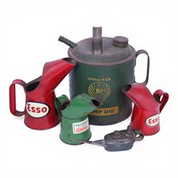 Shell-Mex Lamp Oil can, three oil jugs, including two red Esso examples and a green Castro...