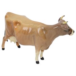 Five Beswick figures, Jersey family group; Bull Ch. Dunsley Coy Boy, model 1422, Cow Ch. Newton Tinkle, model 1345 and Calf, Hereford Bull and Fox 