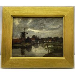 René Billotte (French 1846-1945): Windmill at Dusk 'Dordrecht', oil on mahogany panel signed and titled 18cm x 23cm 