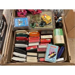 Large quantity of modern toys to include Matchbox Chopper Chase, Nikko battery control airplane, small amounts of K’nex, Meccano, playing cards to include Yu-Gi-Oh cards, keyrings etc in three boxes 