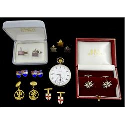 Five pairs of silver and silver-gilt cufflinks including St John the Amalfi Cross by Spink, three silver shirt studs and an early 20th century silver open face keyless lever pocket watch by J W Benson, London, case by Stockwell & Co, London import mark 1926