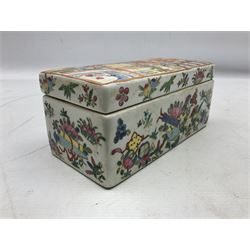 20th Chinese Famille Rose pen box and cover, of rectangular form, the lift-off cover painted with figures, the sides with blossom, fruit and flowers, an erotic scene to the interior of the lid, H9cm, L20cm