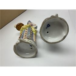 Masons Ironstone blue and white tureen, pair of continental ceramic figure, Cambridge Ware biscuit barrel, oriental ceramics,three cut glass decanters, mottled green glass vase, plated spoons and other ceramics and glassware, etc, in two boxes 