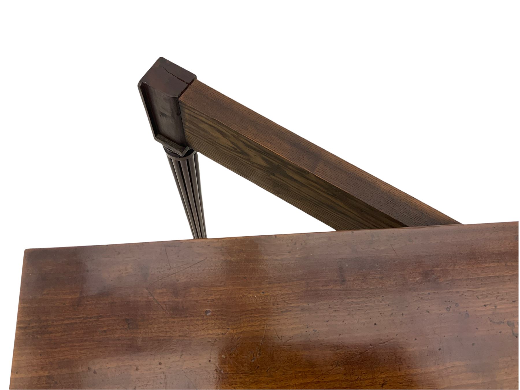 Early 19th century tea table, rectangular fold-over top with rounded corners, the frieze and sides inlaid with satinwood panels, double gate-leg action base, on reeded supports 