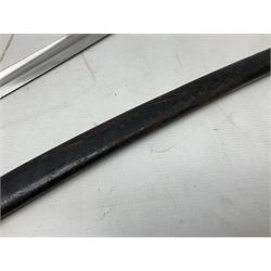 Mid-19th century Custom’s officer/Constabulary sidearm, with plain 60.5cm slightly curving fullered blade double edged at tip,  steel knucklebow and downswept quillon, stepped pommel and ribbed fishskin grip; in leather covered scabbard with steel locket, frog stud and chape L76cm overall