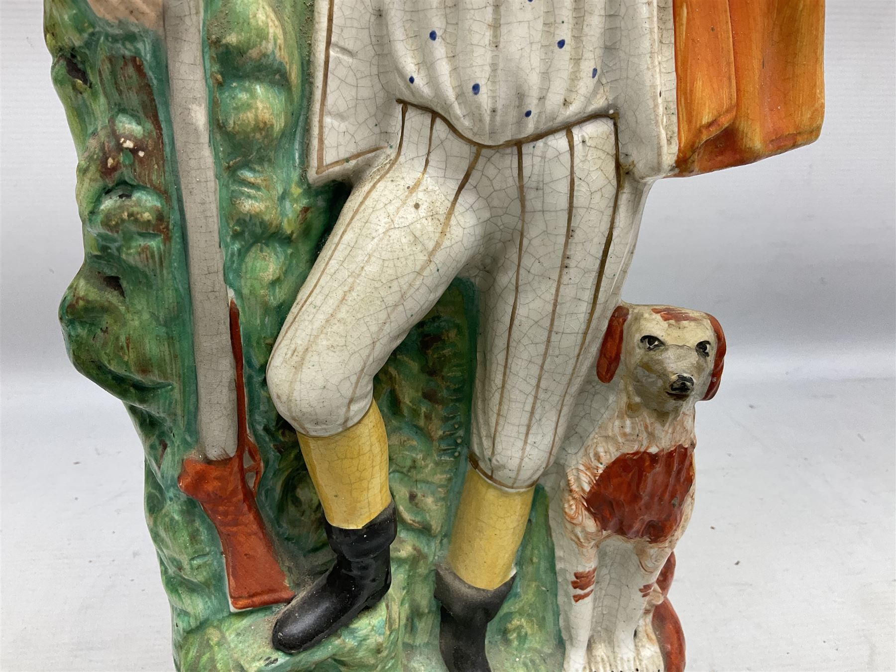 Group of Victorian and later Staffordshire style figures, to include two dogs, Prince upon horse back, horse with pink lustre patches, tall figure of a man beside his dog etc, tallest H41cm